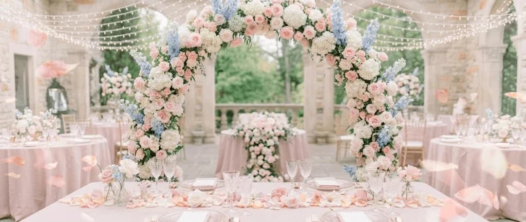 Salón de quinceañera iluminado con velas y pétalos de rosas