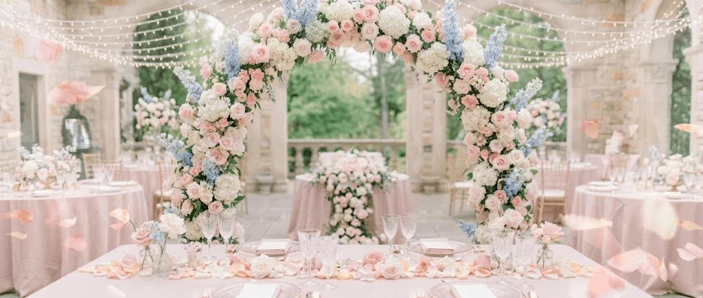 Salón de quinceañera iluminado con velas y pétalos de rosas